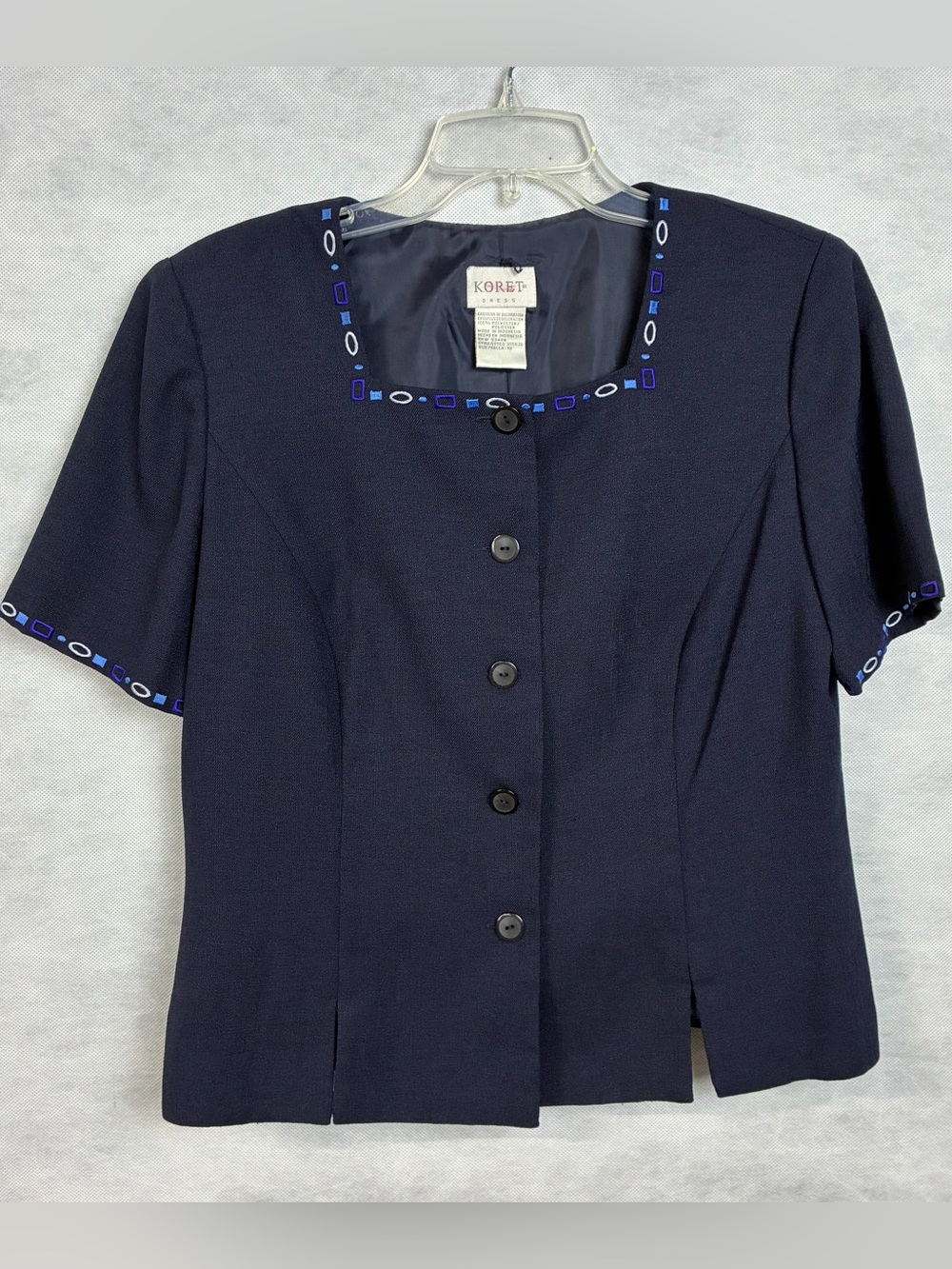 Vintage Koret Top Women’s Sz 12 Blue Embroidered Short Sleeve Button Up